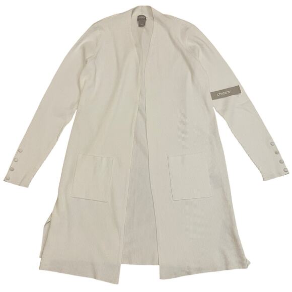 Chico’s M 8-10 White Cardigan Sweater | Ribbed Knit, Pockets, Button Cuffs NWT - Picture 6 of 9